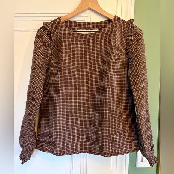 notPERFECTLINEN Tops - notPERFECTLINEN Elena Linen Top in Chocolate Checks Herringbone